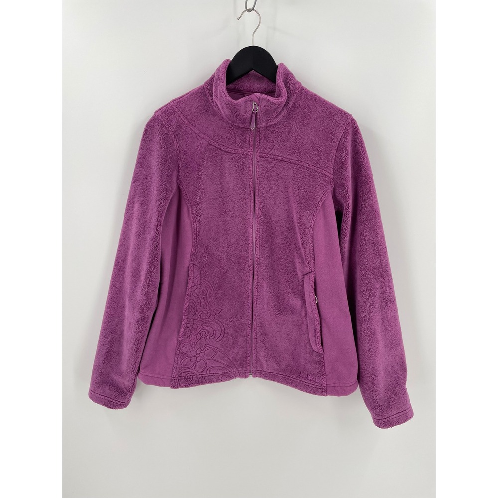LL Bean Womens Medium Embroidered Fleece Jacket Full Zip Purple Floral Mock Neck